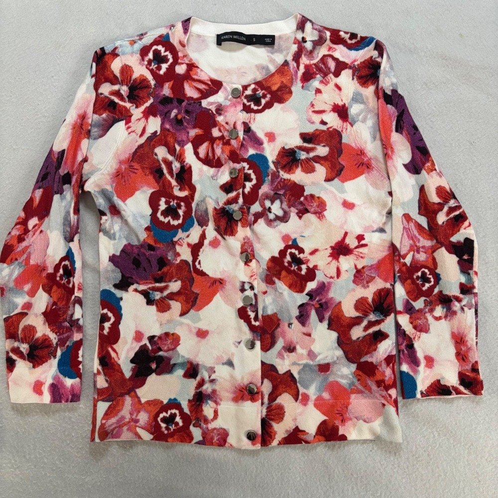 Karen Millen Floral Print Snap Button Cardigan Red Pink Size S KA131